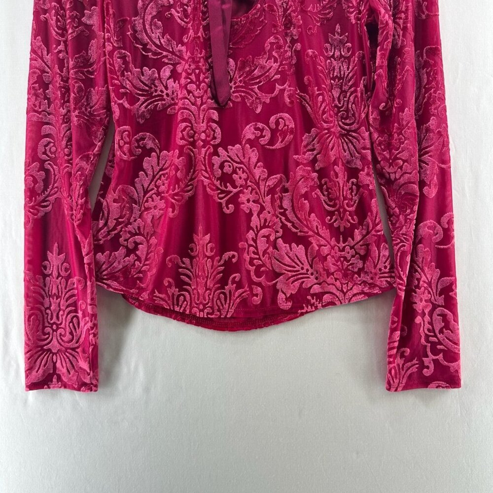 By Anthropologie Velvet Burnout Top S Lace Up Back Ruffle Mock Neck Damask Pink - Picture 7 of 16